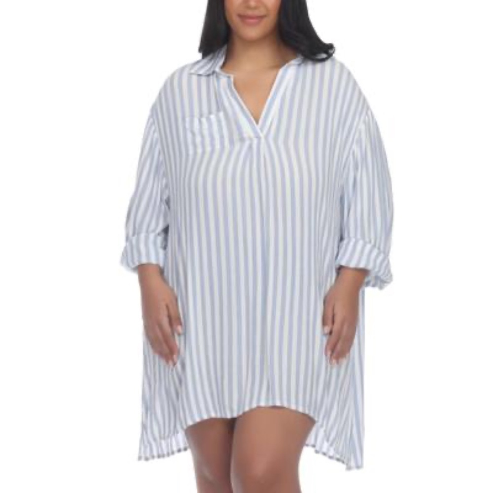 Raviya Plus Size Striped Tunic Shirt Cover-up - Chambray Blue
